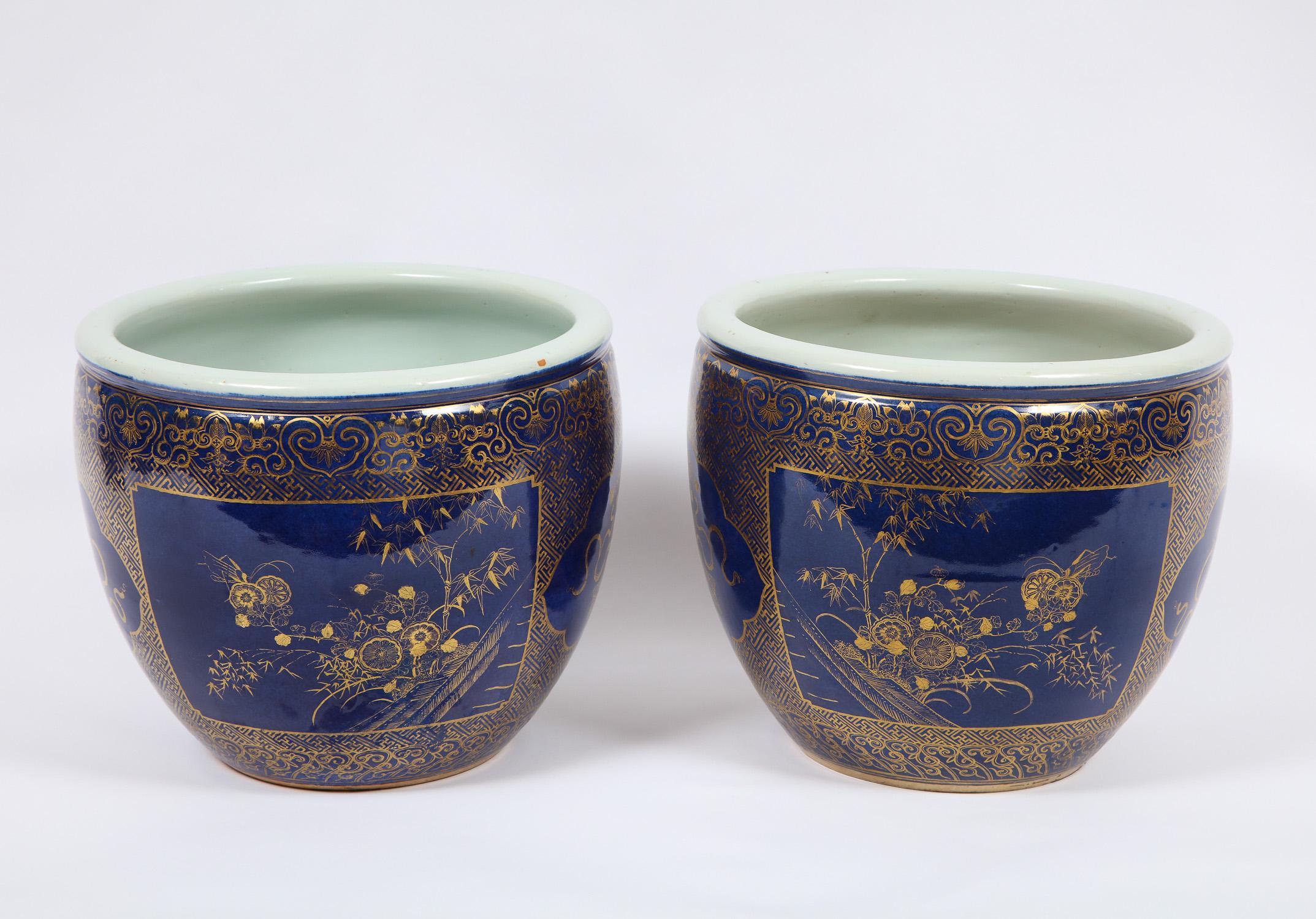 Mid-19th Century Pair of Chinese Porcelain Bleu Poudre and 24K Gilt Decor Fish Bowls/Jardinieres