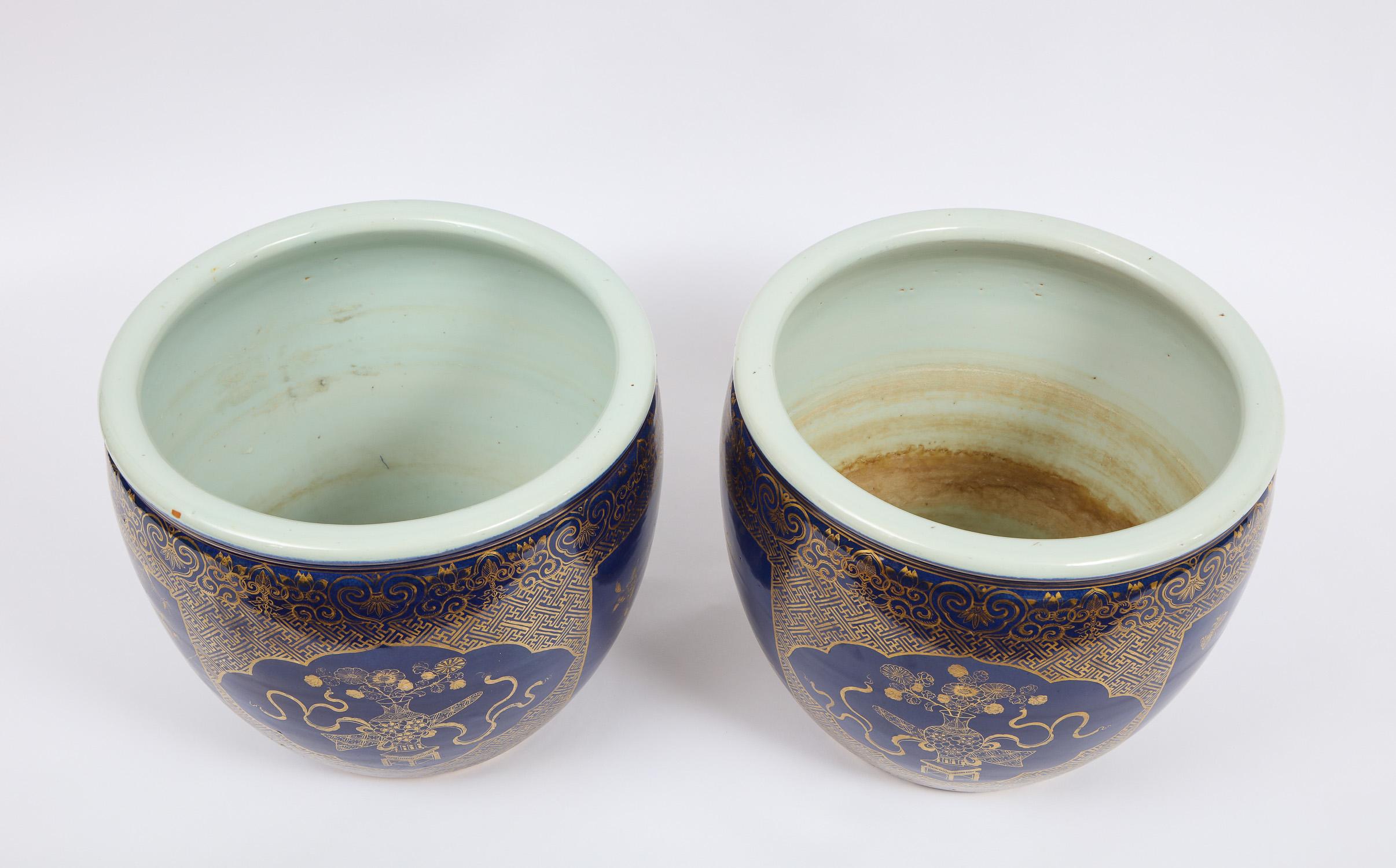 Pair of Chinese Porcelain Bleu Poudre and 24K Gilt Decor Fish Bowls/Jardinieres 2