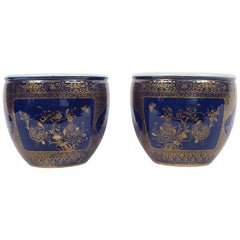 Pair of Chinese Porcelain Bleu Poudre and 24K Gilt Decor Fish Bowls/Jardinieres