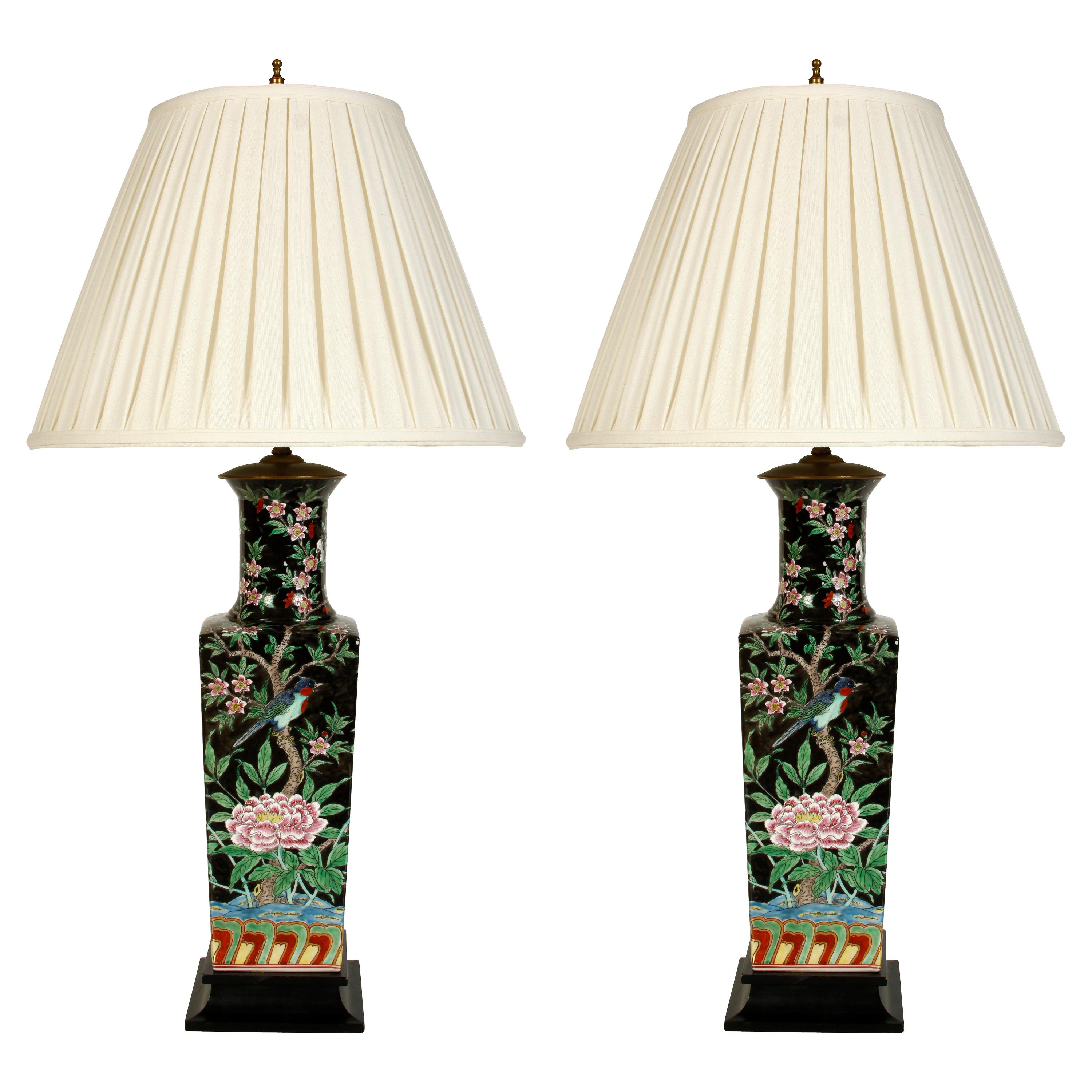 Pair of Chinese Porcelain Famille Noir Lamps