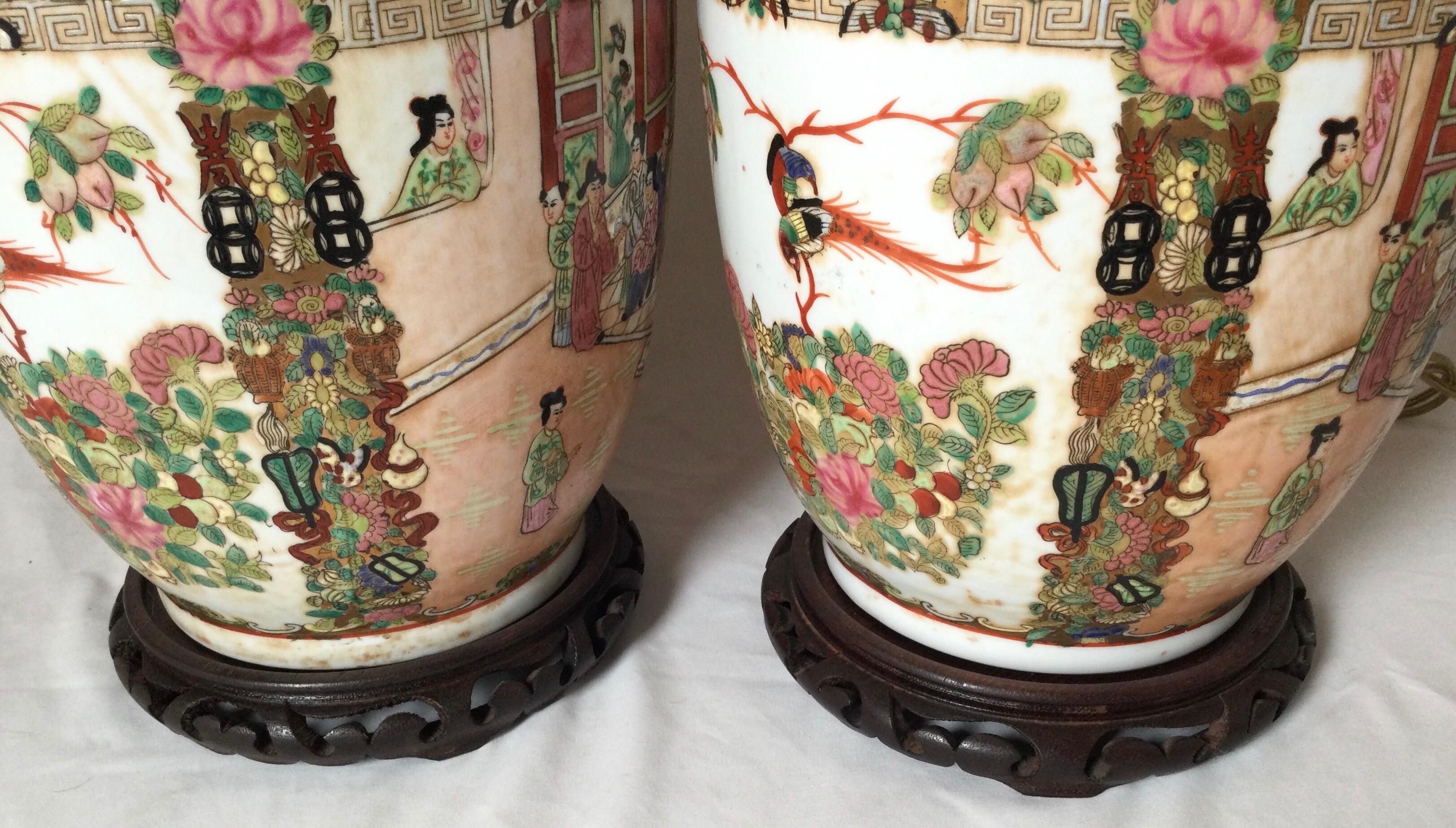 Pair of Chinese Porcelain Lamps with Wood Bases 1