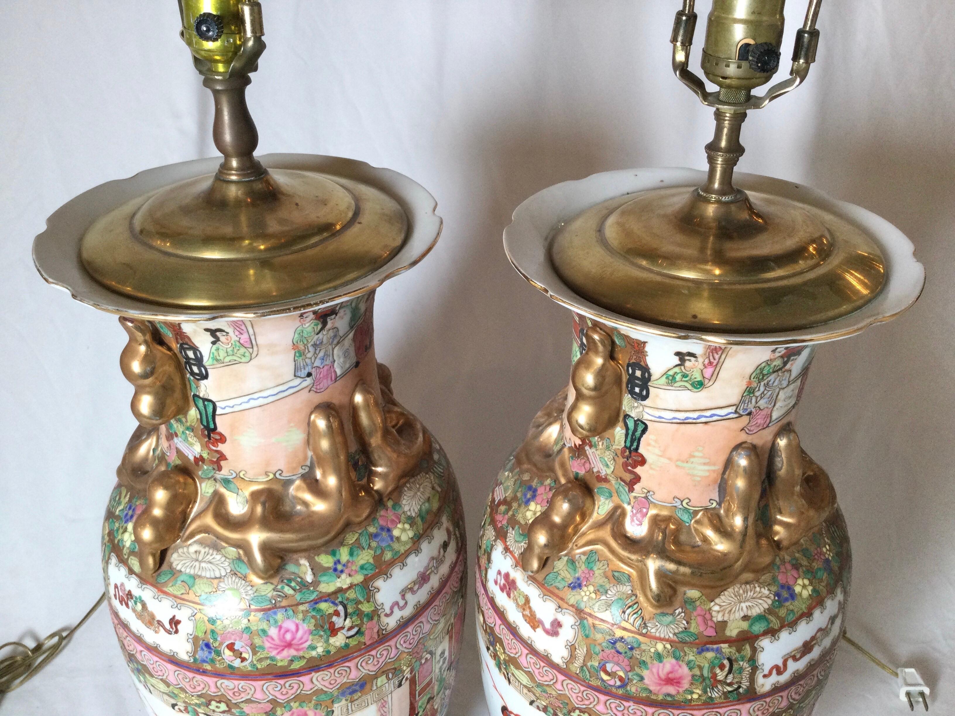 Pair of Chinese Porcelain Lamps with Wood Bases 2