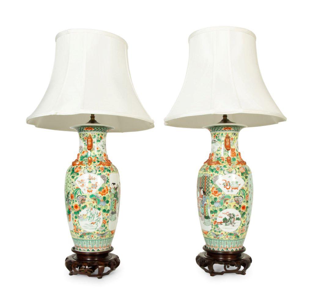 A Very Fine Pair of Chinese Porcelain Vases on Teak Stands. Now mounted as Lamps. Circa, 1910. 2 lights each.
Height of vases 17 3/4 inches. Overall Height 35
CW5139.
