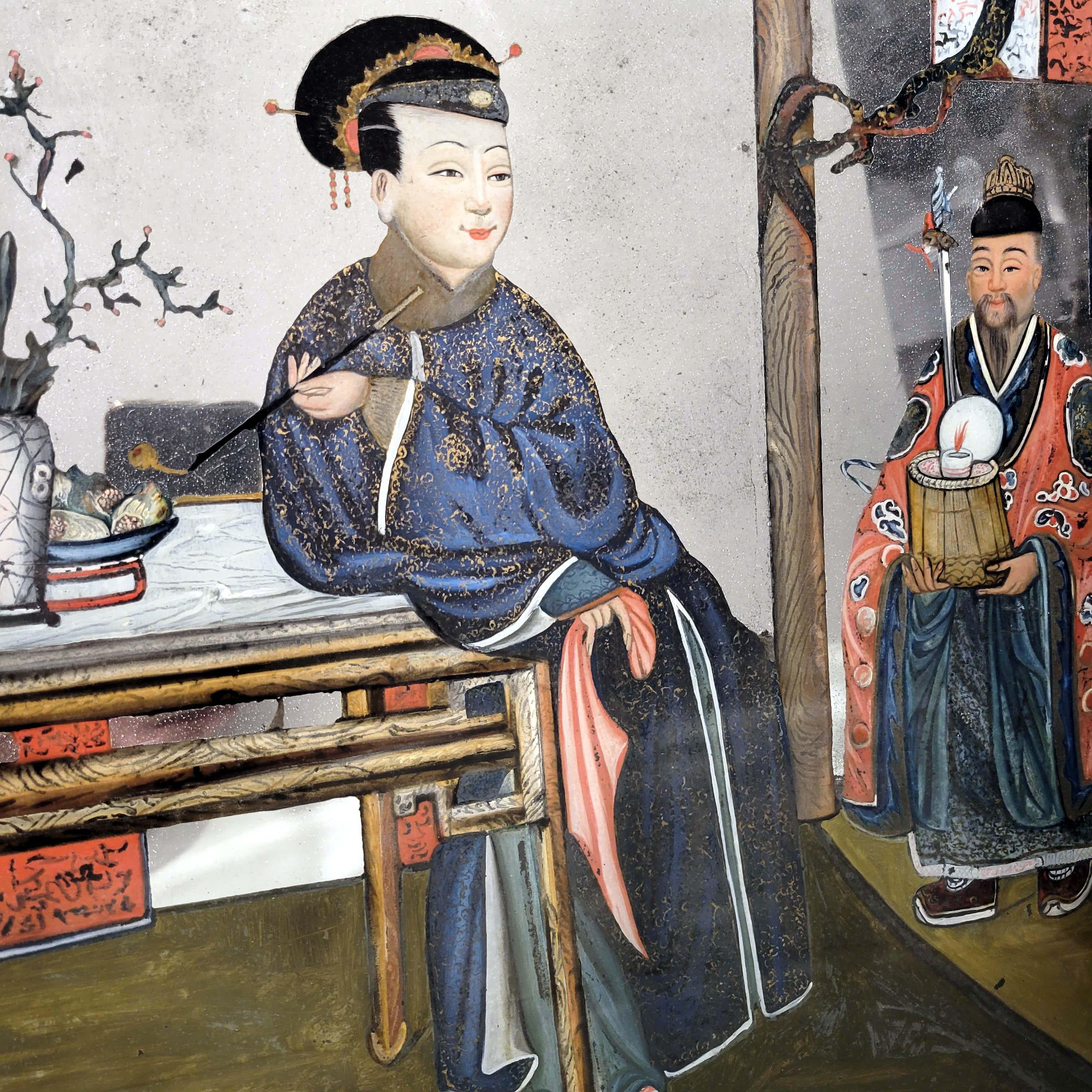 Pair of Chinese Reverse Glass Painting Qing Dynasty, 18th Century For Sale 4