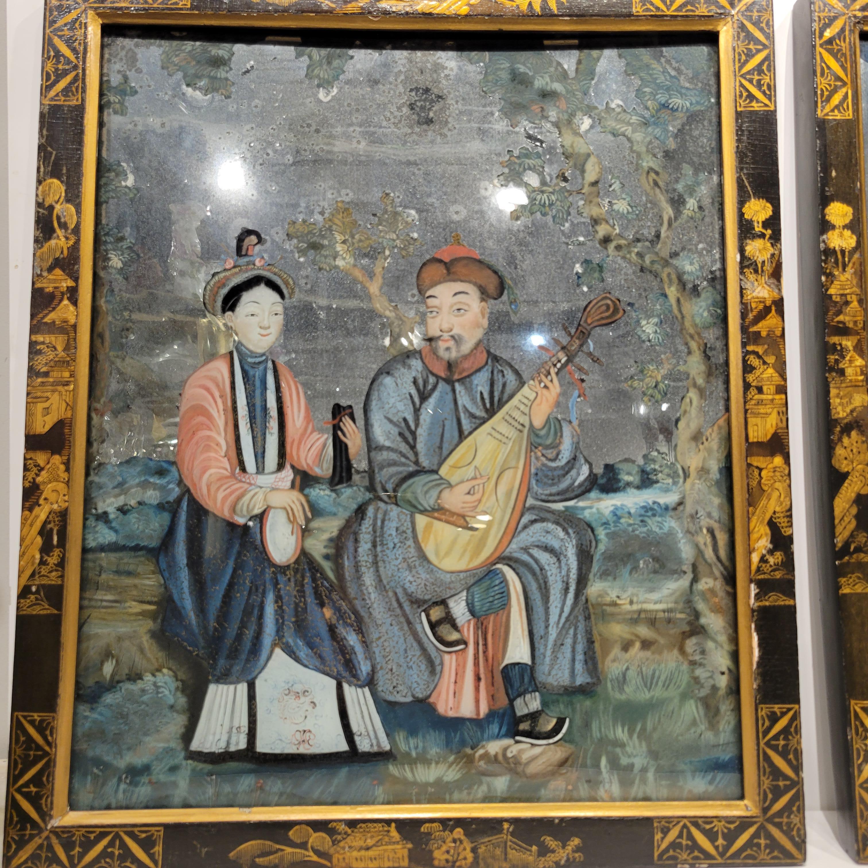 one painted with a lady seated holding a tobacco pipe, the other painted with a scholar playing a pipa with a lady seated beside him playing percussion instruments, with matching black lacquered and gilt-decorated wood frame

16 1/2 in. by 13 5/8