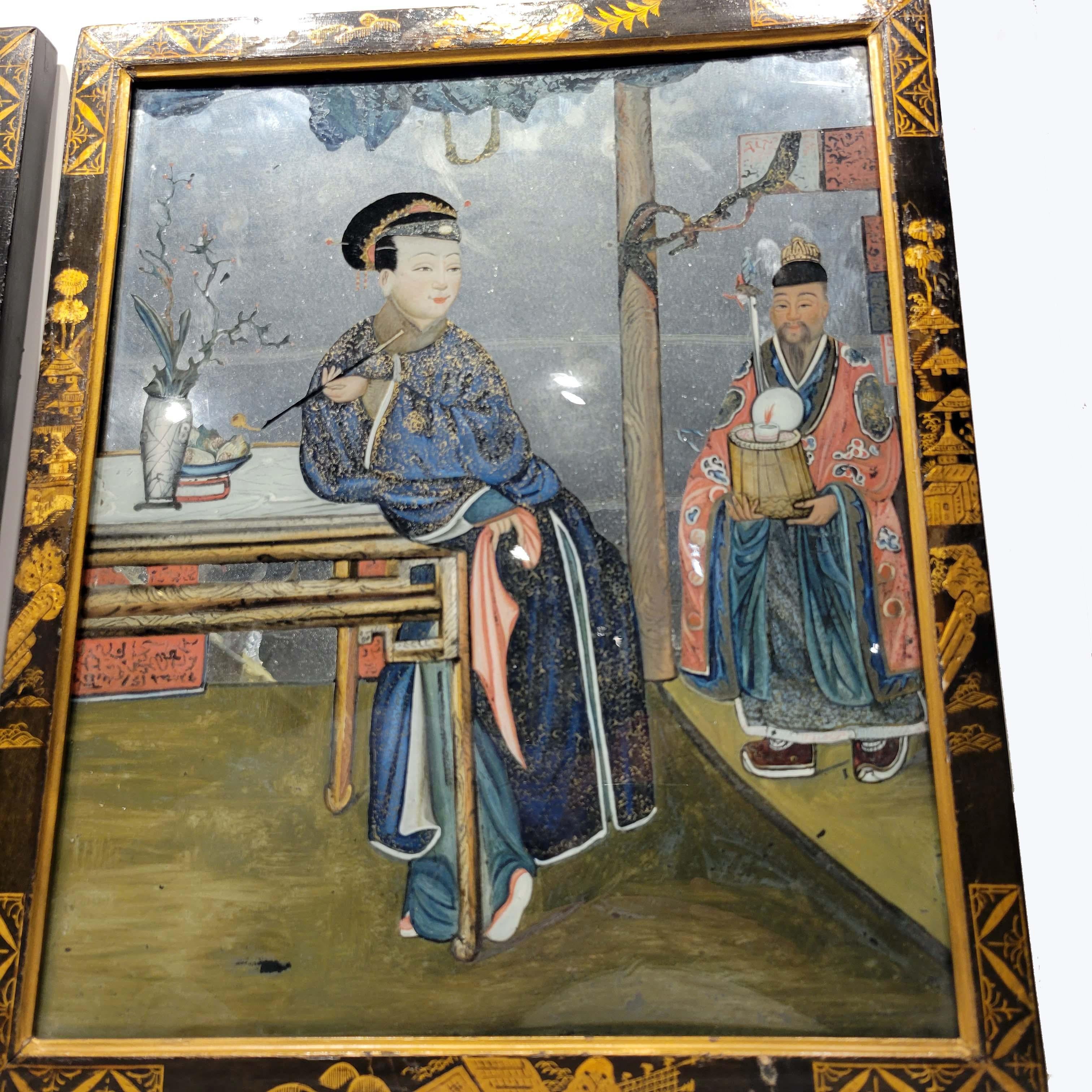 Chinese Export Pair of Chinese Reverse Glass Painting Qing Dynasty, 18th Century For Sale