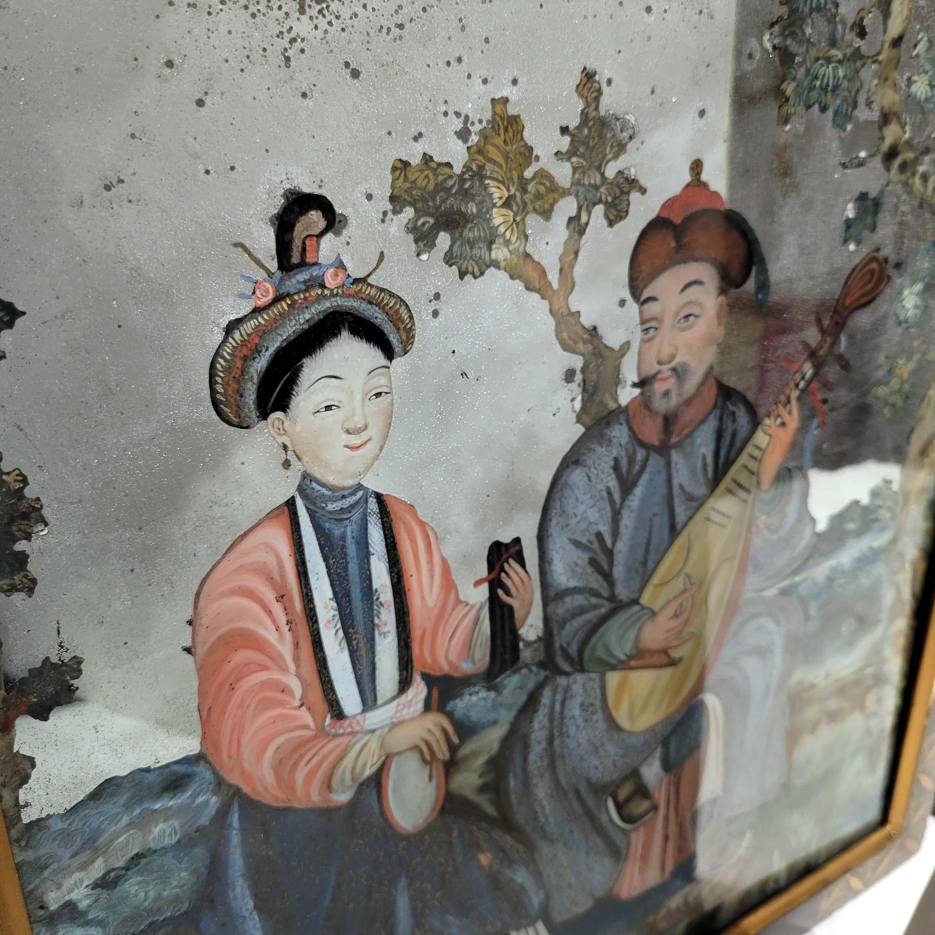 Pair of Chinese Reverse Glass Painting Qing Dynasty, 18th Century In Good Condition For Sale In New York, NY