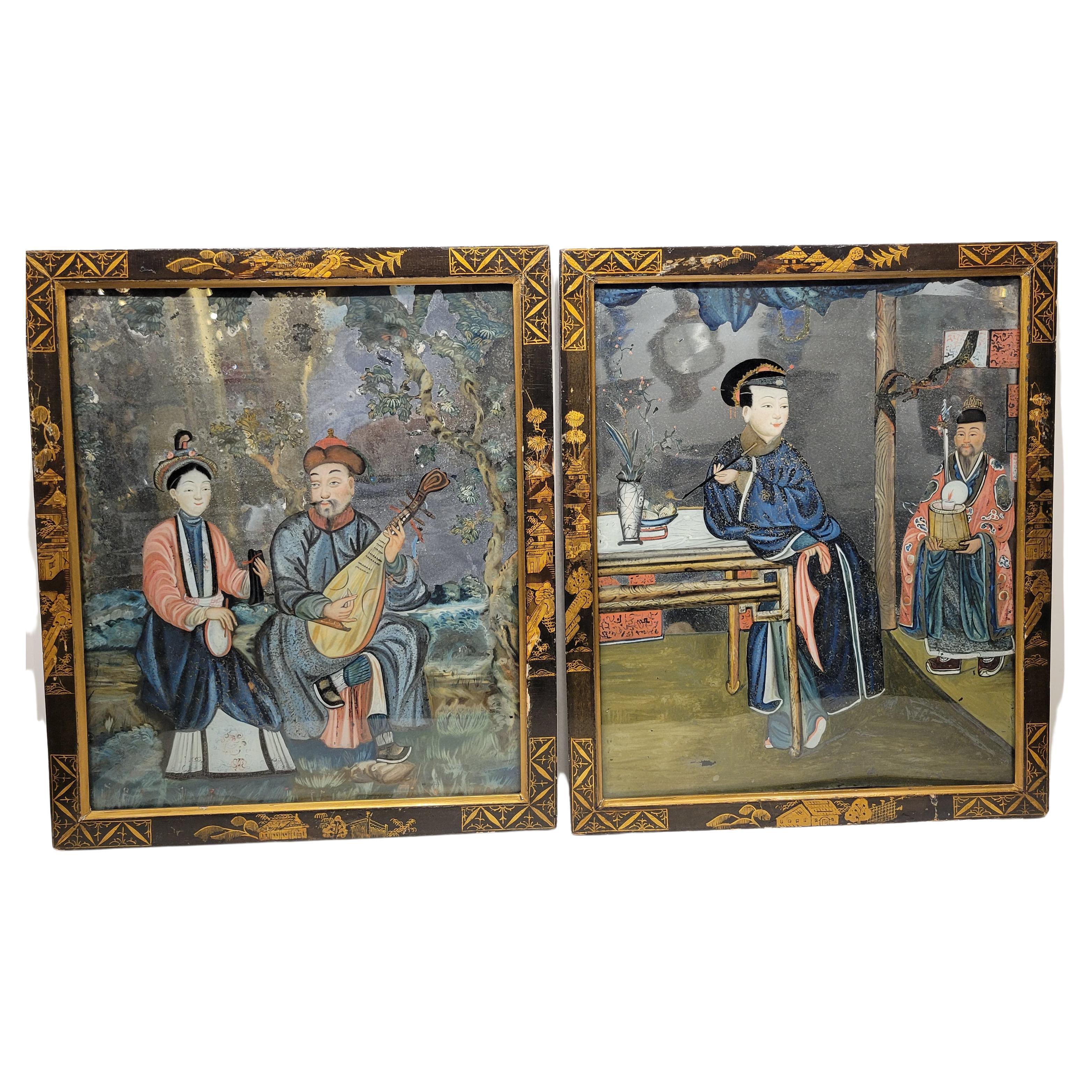 Pair of Chinese Reverse Glass Painting Qing Dynasty, 18th Century For Sale