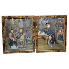 Paar chinesische Hinterglasmalerei Qing Dynasty, 18. Jahrhundert
