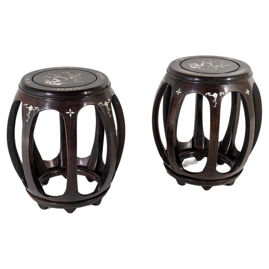 A Pair of Chinese Rosewood Circular Drum Side Tables with Mother of Pearl Inlay For Sale