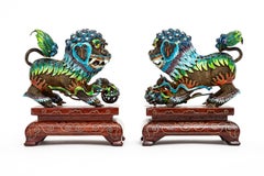 A Pair of Chinese Silver Filigree Enameled Foo Dogs on Carved Wood Stands