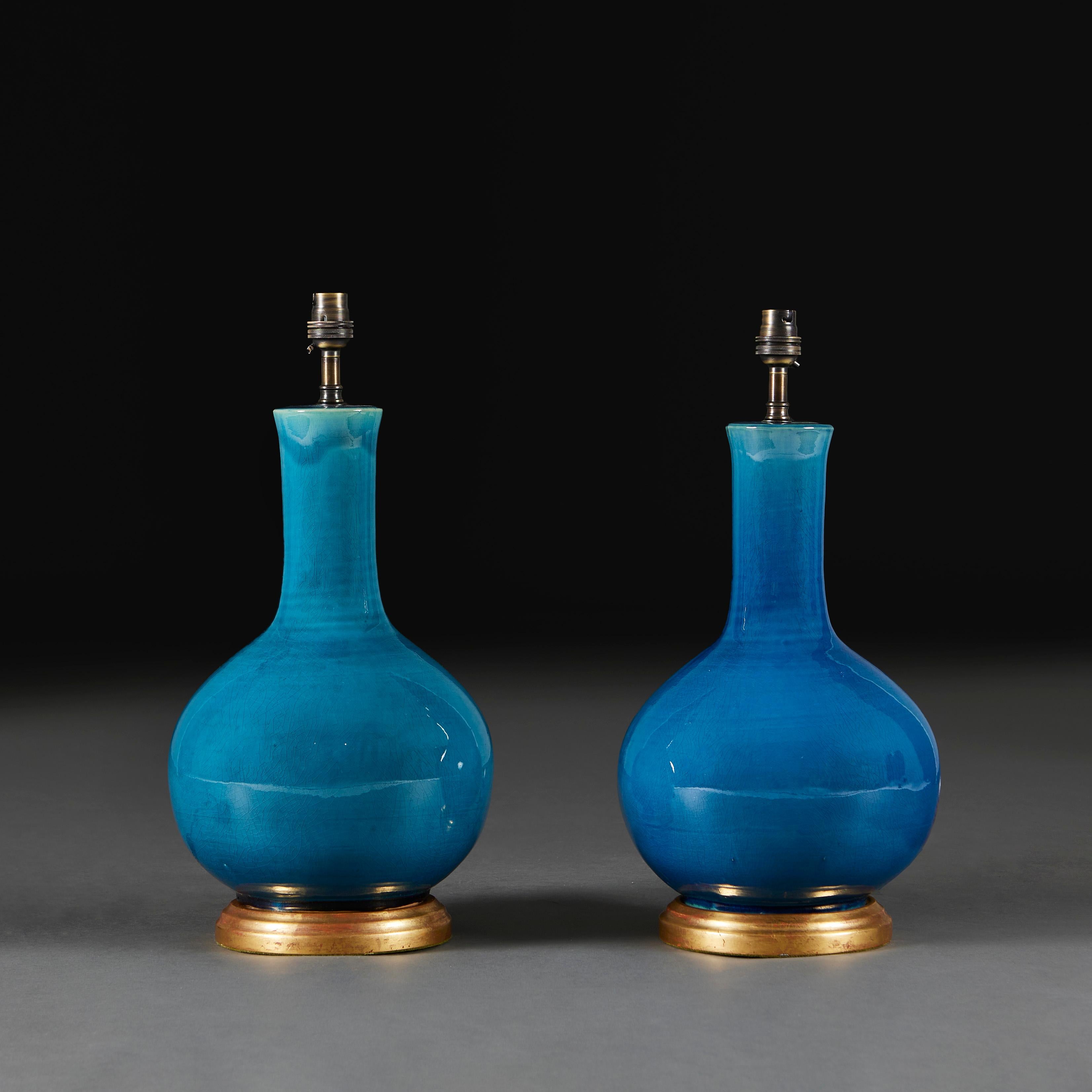 Glazed A Pair of Chinese Turquoise Monochrome Glaze Table Lamps with Giltwood Bases