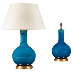 A Pair of Chinese Turquoise Monochrome Glaze Table Lamps with Giltwood Bases