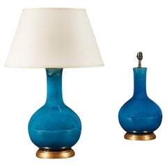 A Pair of Chinese Turquoise Monochrome Glaze Table Lamps with Giltwood Bases Antique A Pair of Chinese Turquoise Monochrome Glaze Table Lamps with Giltwood Bases