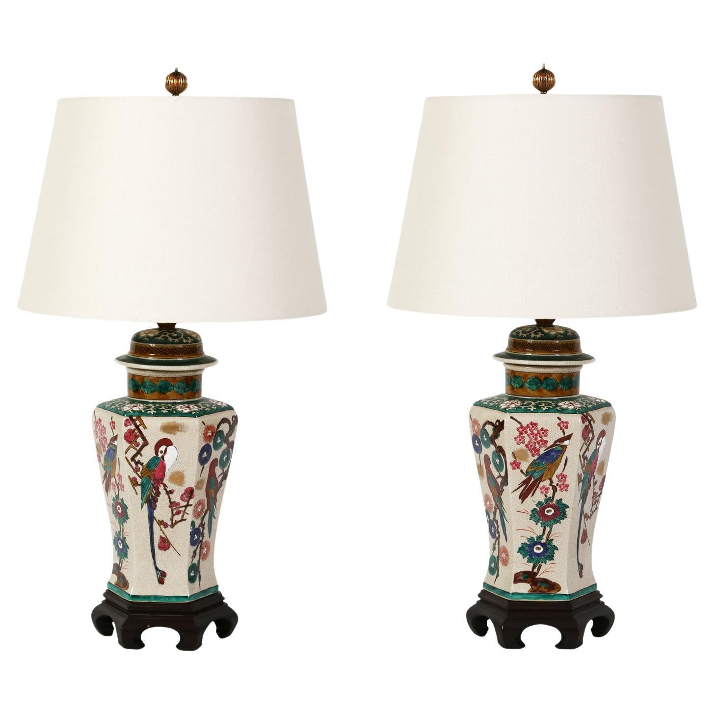 A Pair of Chinoiserie Ceramic Lamps For Sale