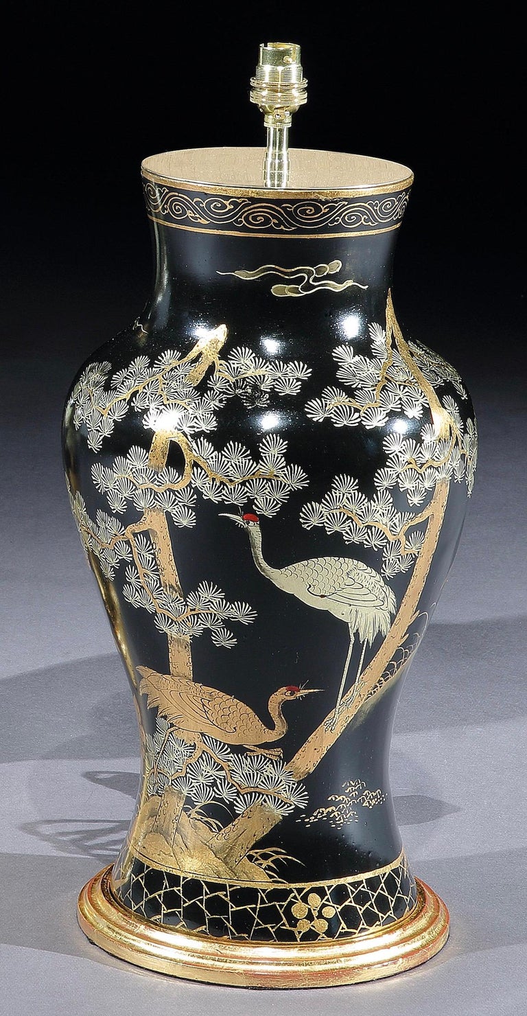 Pair of Chinese Chinoiserie Gold and Black Lacquered Table Lamps For