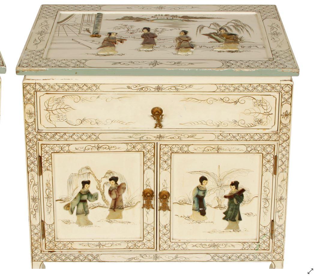 Asian Pair of Chinoiserie Painted Bedside Tables