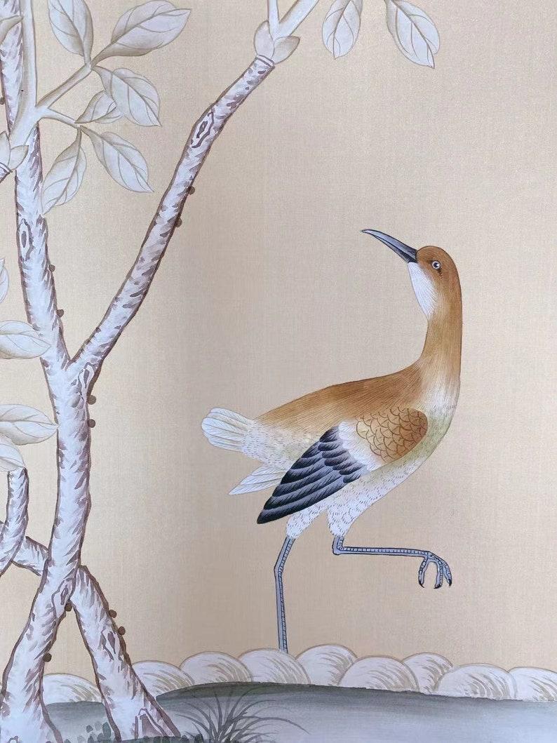 Hand-Painted Pair of Chinoiserie Panel Hand Painted Wallpaper on Silk, Accept Custom Size