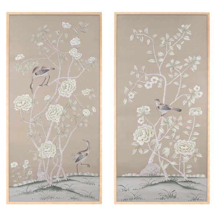 Pair of Chinoiserie Panel Hand Painted Wallpaper on Silk, Accept Custom ...