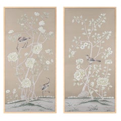 Pair of Chinoiserie Panel Hand Painted Wallpaper on Silk, Accept Custom Size