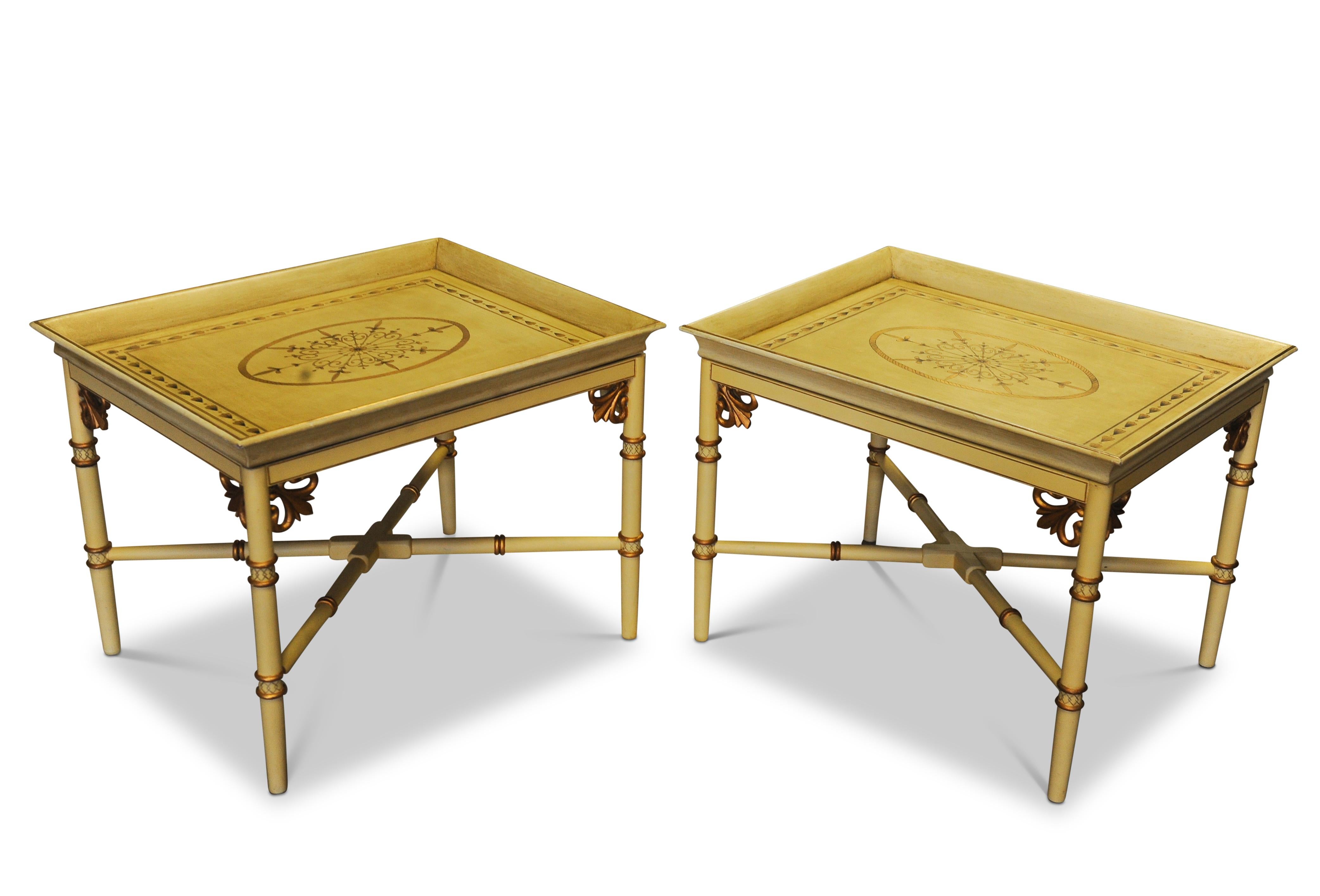 British A Pair of Chippendale Style Faux Bamboo Tray Top Side Tables on X-Frame Bases For Sale
