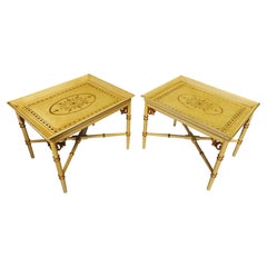 A Pair of Chippendale Style Faux Bamboo Tray Top Side Tables on X-Frame Bases