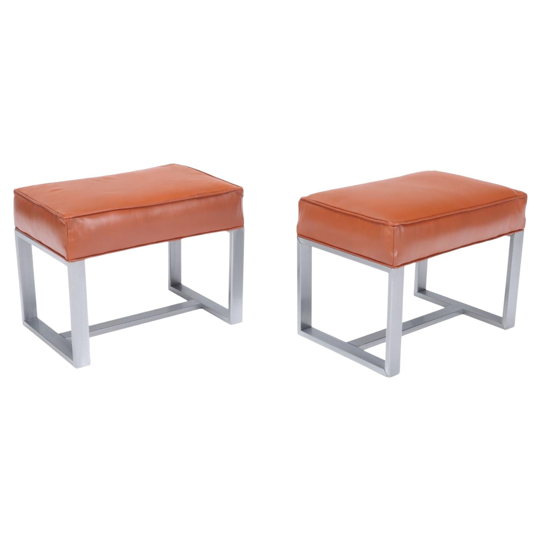 Pair of Chrome and Leather Covered Benches or Small Stools, Contemporary For Sale