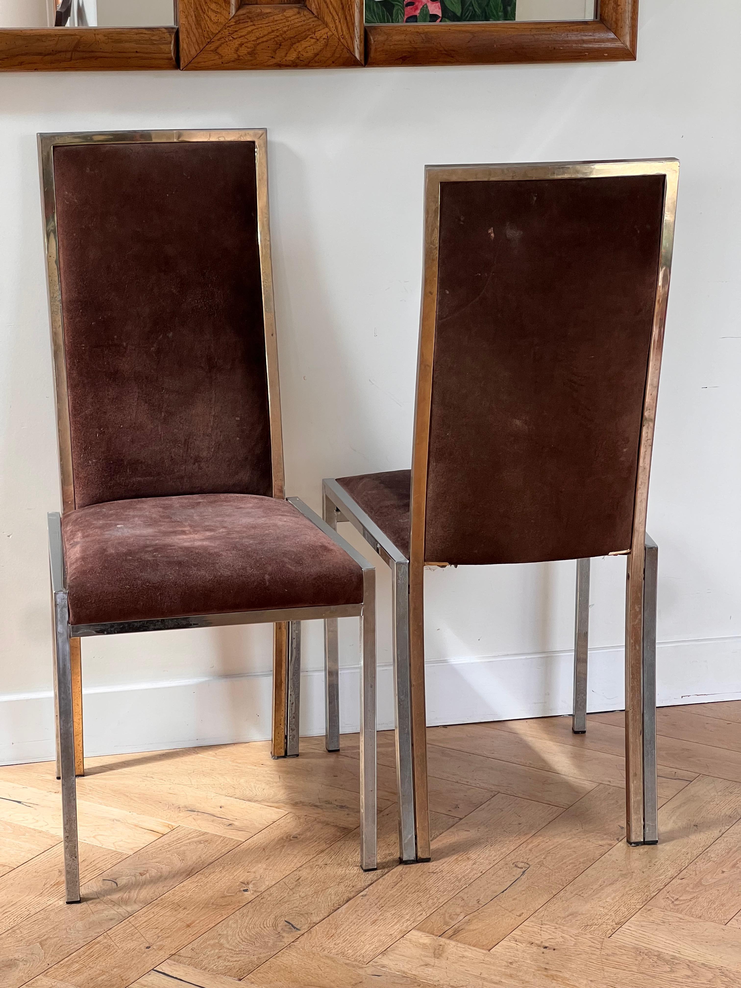 A pair of chrome dining or side chairs in suede, attributed to Milo Baughman for Directional, circa 1970. Upholstery is probably original, a sumptuous chocolate brown suede. The leather has taken the patina well - as leather is wont to do. 
These