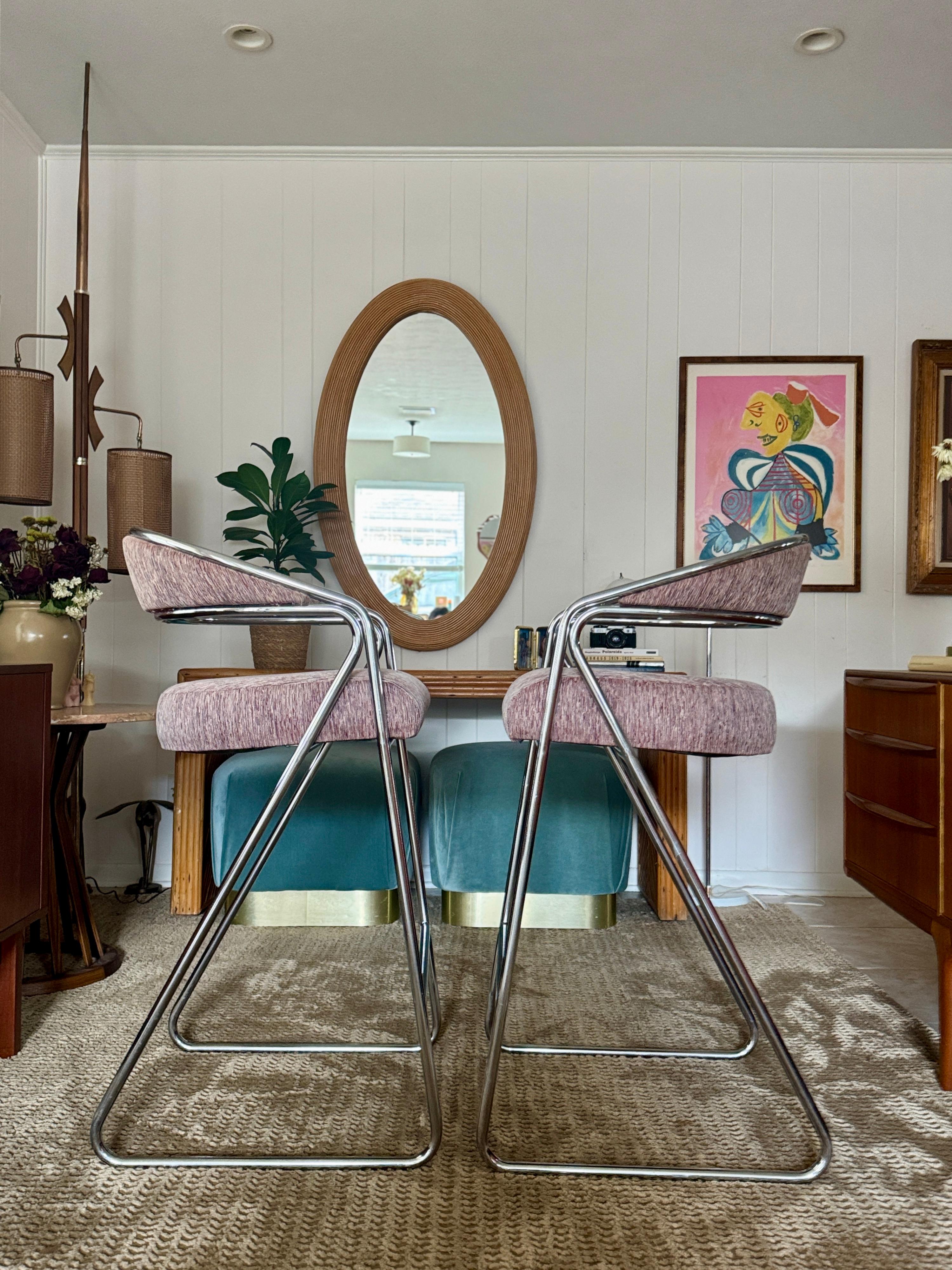 Late 20th Century A pair of chrome bar stools attributed to Milo Baughman, circa 1970s. For Sale