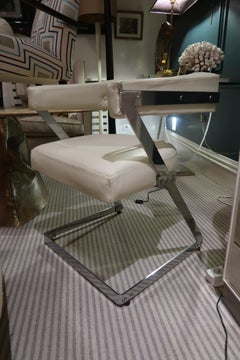 Pair of Chromed Steel and White Leather Midcentury Italian Chairs, 1970