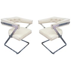 Pair of Chromed Steel and White Leather Midcentury Italian Chairs, 1970