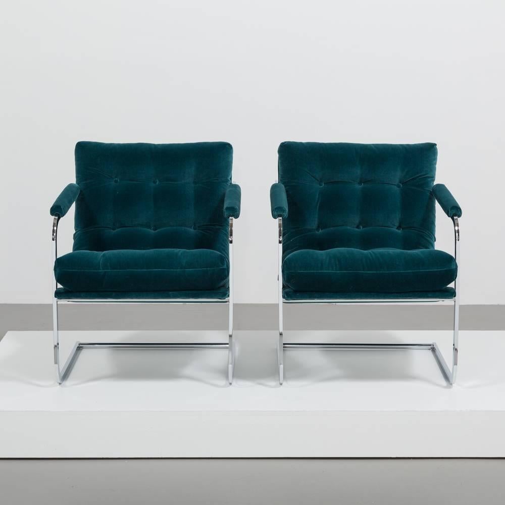 Mid-Century Modern Pair of Chromium Steel Framed Peacock Velvet Armchairs, 1960s