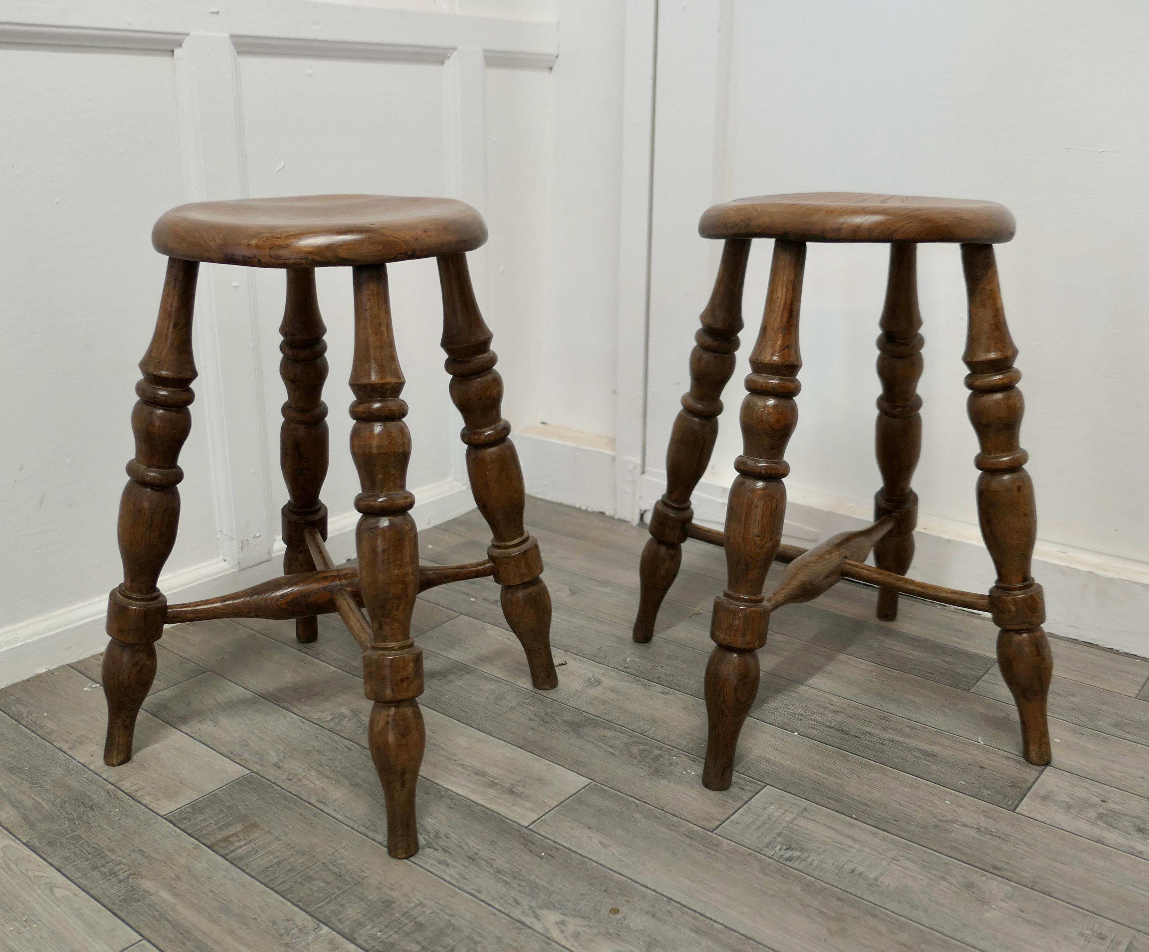 Country A Pair of Chunky Victorian Elm Farmhouse Kitchen Stools    For Sale