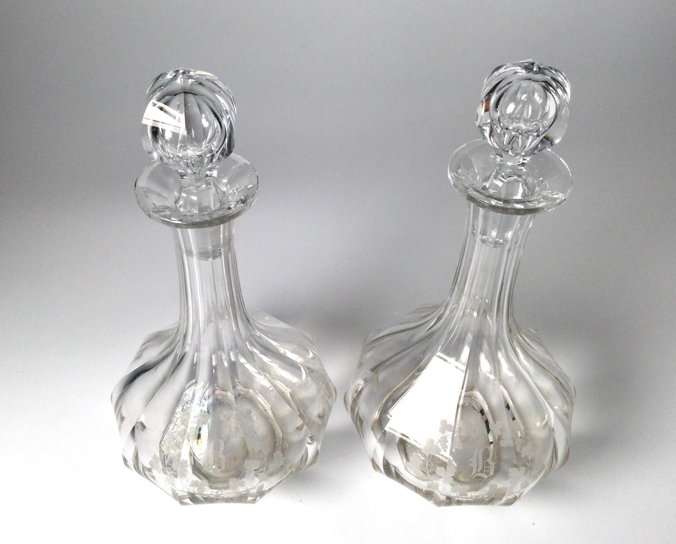 American Pair of Circa 1900 Panel Cut and Engraved Decanters For Sale