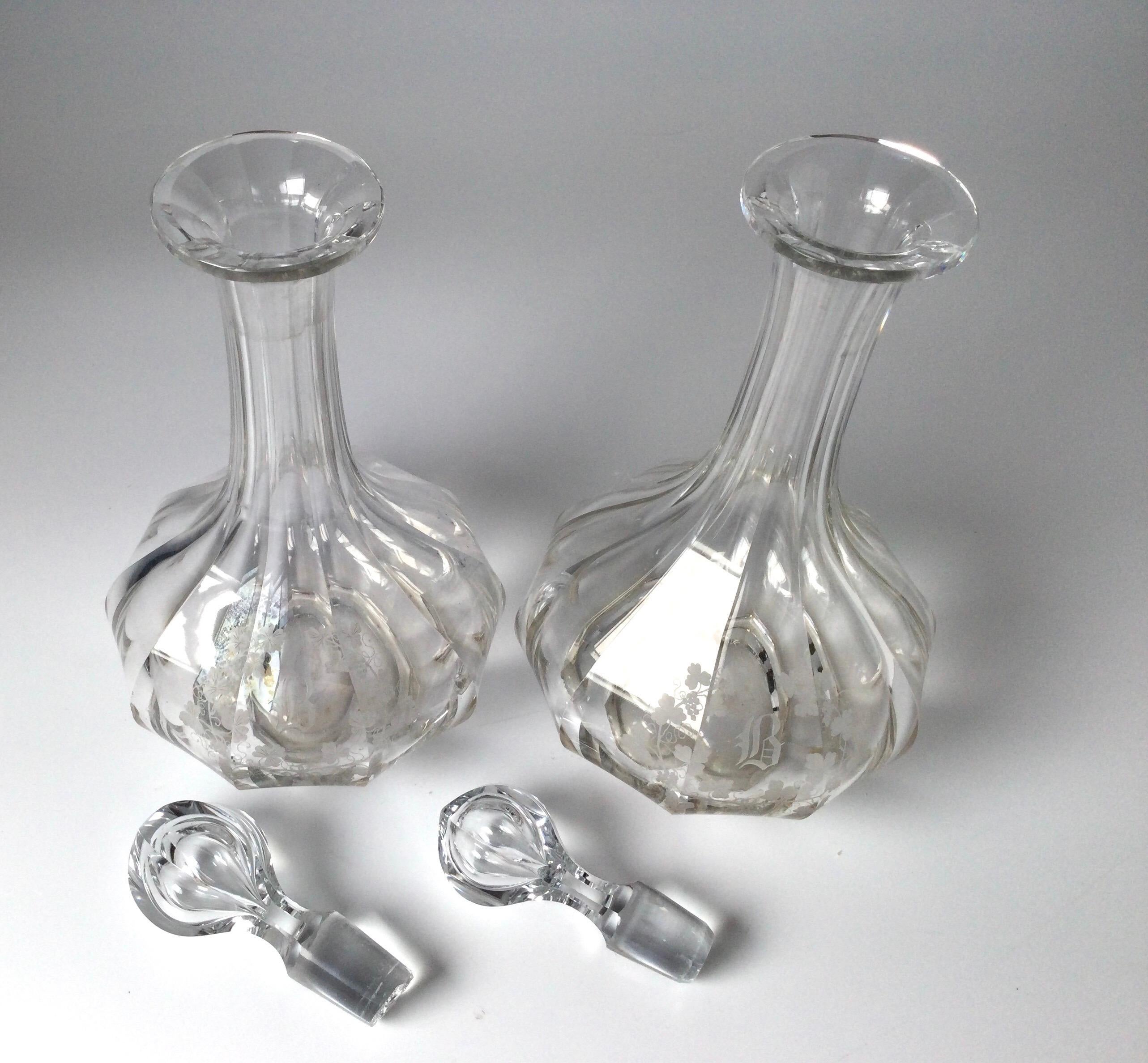 Pair of Circa 1900 Panel Cut and Engraved Decanters In Good Condition For Sale In Lambertville, NJ
