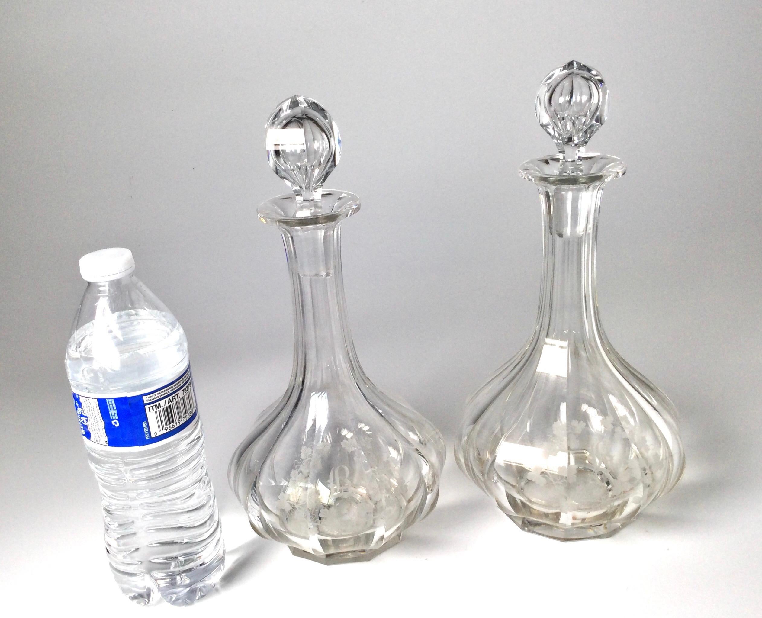 Pair of Circa 1900 Panel Cut and Engraved Decanters For Sale 3