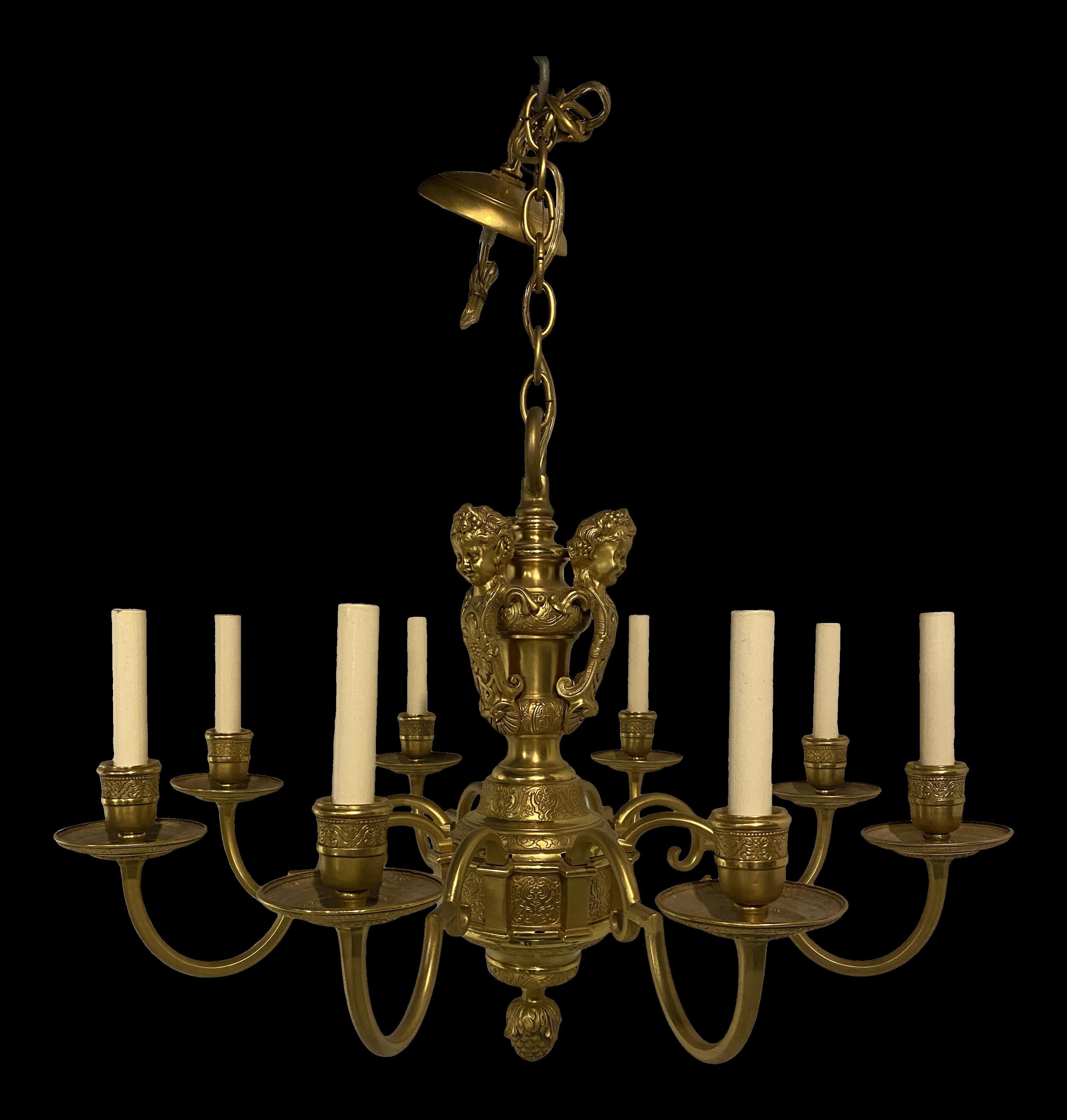 Neoclassical 1900's Caldwell Gilt Bronze Chandelier with cherubs For Sale