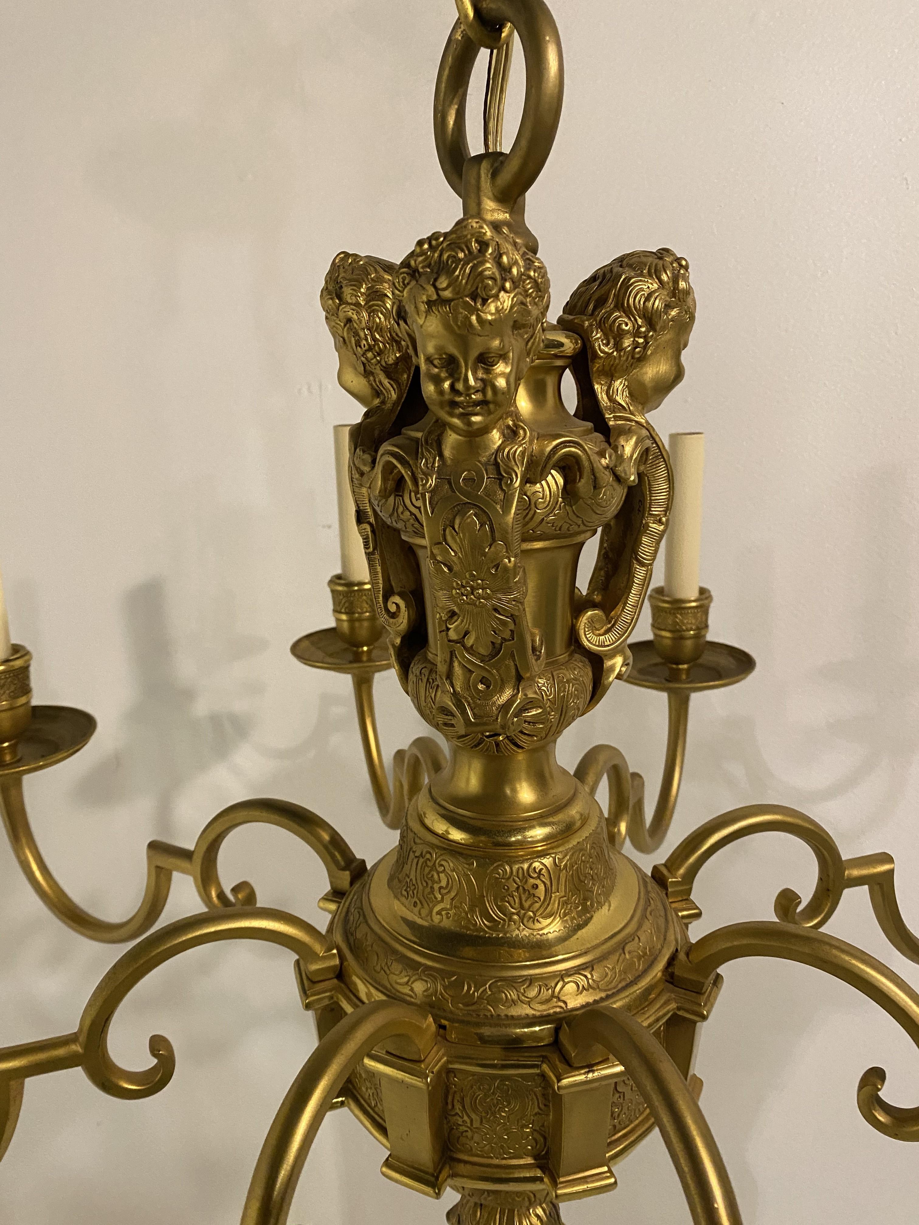 1900's Caldwell Gilt Bronze Chandelier with cherubs In Good Condition For Sale In New York, NY
