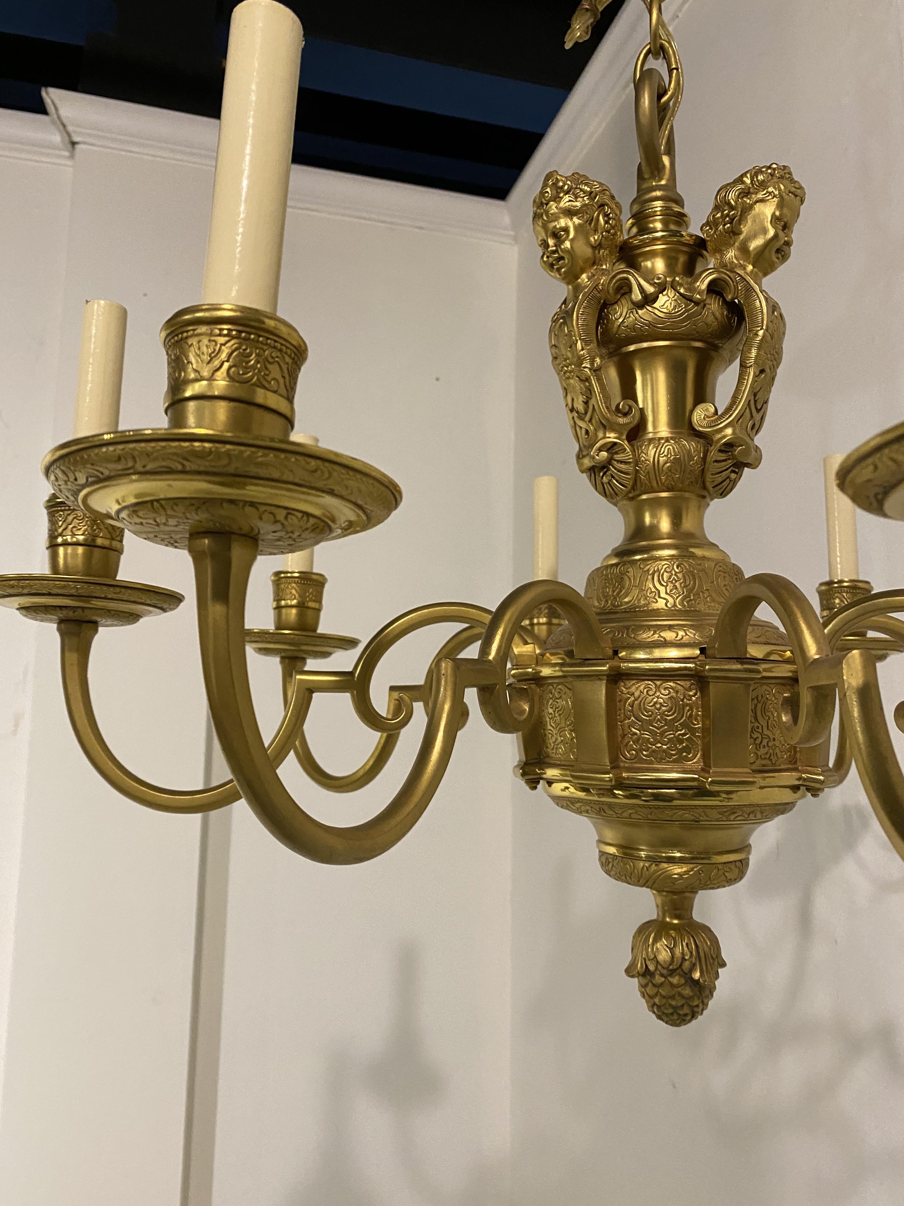 Early 20th Century 1900's Caldwell Gilt Bronze Chandelier with cherubs For Sale