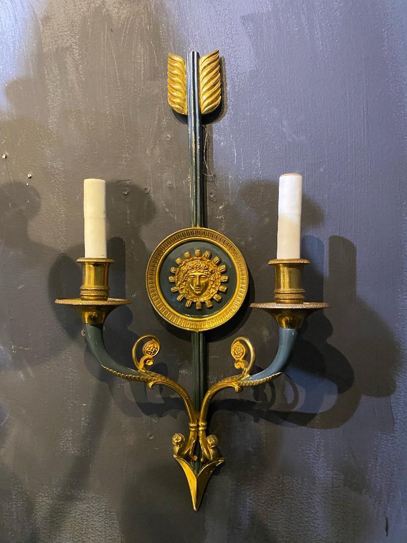 1900's French Empire Arrow Gold and Black Sconces In Good Condition For Sale In New York, NY