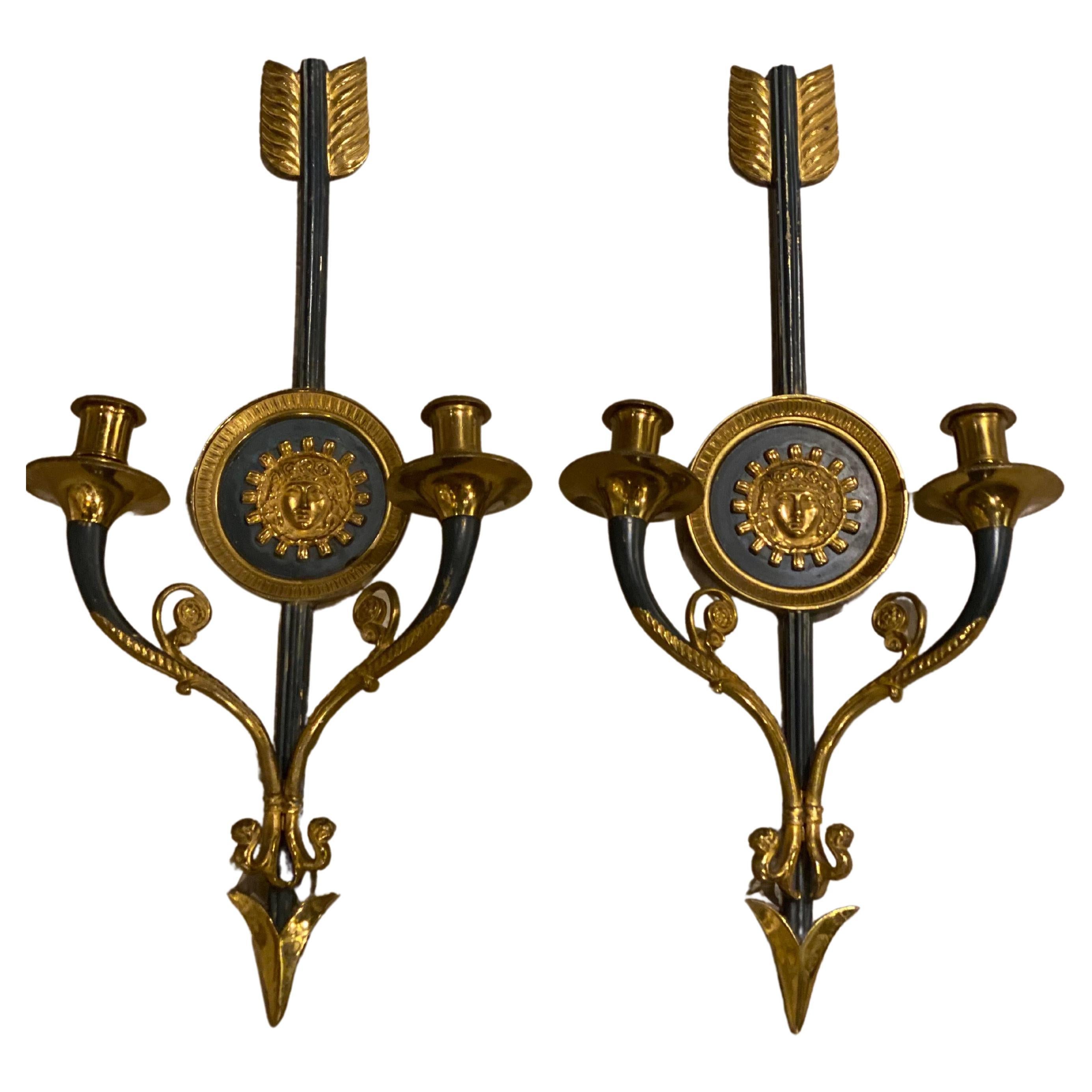 1900's French Empire Arrow Gold and Black Sconces For Sale