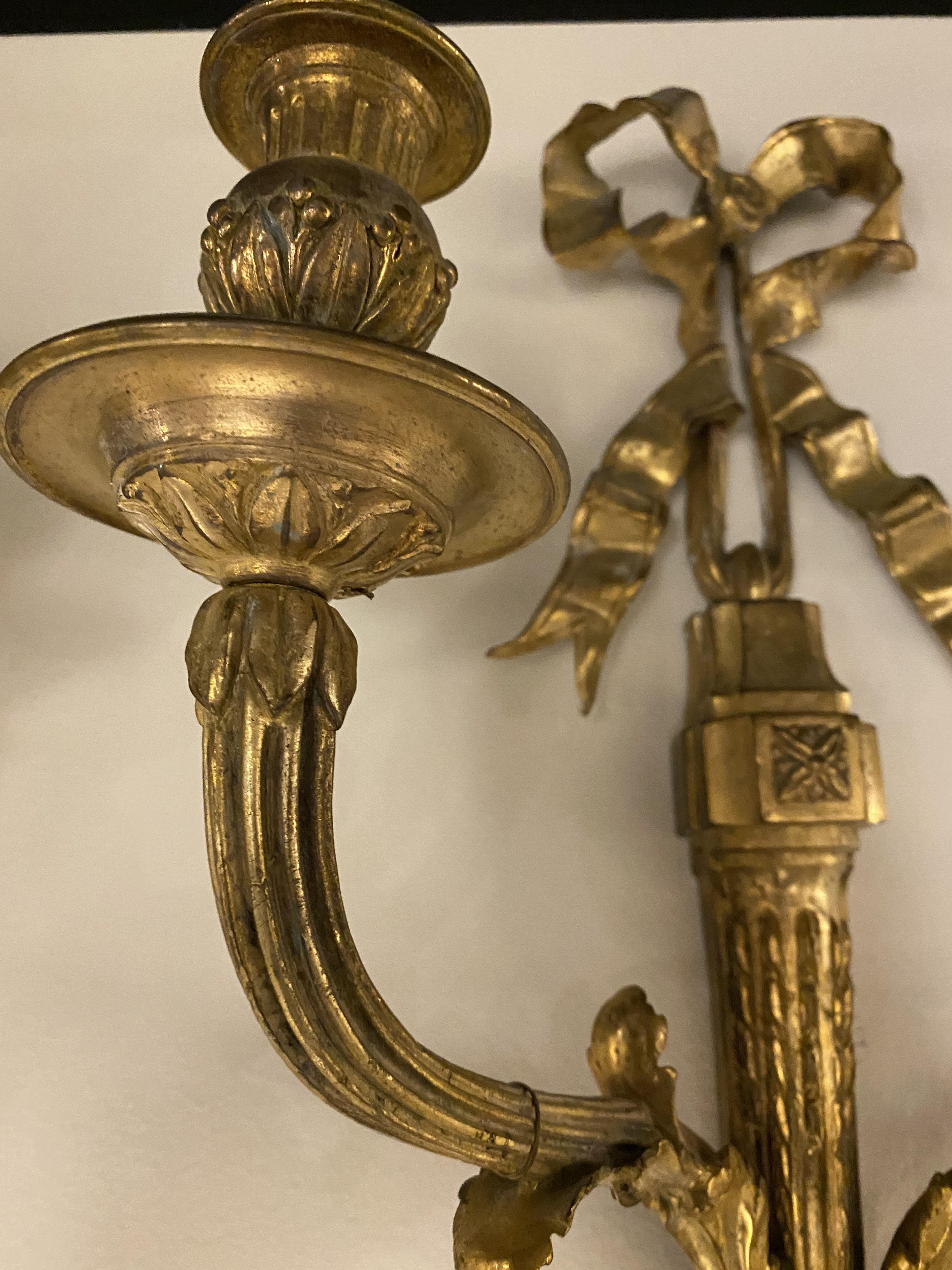 Early 20th Century Pair 1900's French Gilt Bronze Sconces with Ribbons For Sale