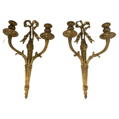 Pair 1900's French Gilt Bronze Sconces with Ribbons