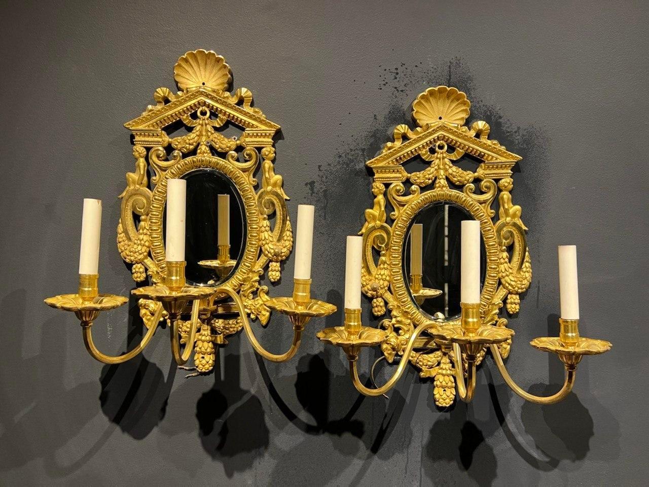 American 1900's Caldwell Neoclassic Gilt Bronze and Mirror Sconces 3 Lights For Sale