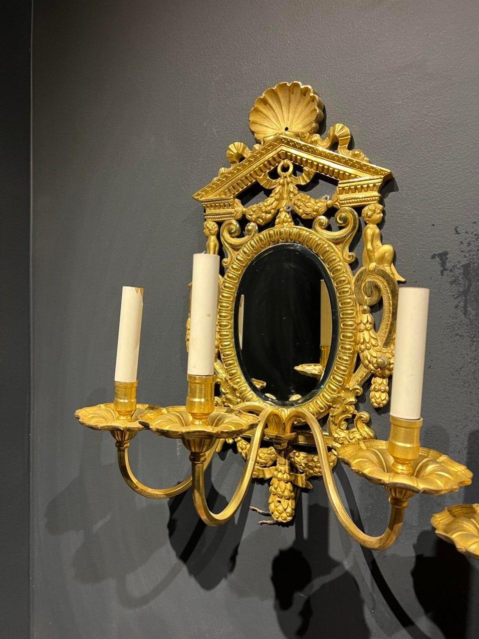 1900's Caldwell Neoclassic Gilt Bronze and Mirror Sconces 3 Lights In Good Condition For Sale In New York, NY