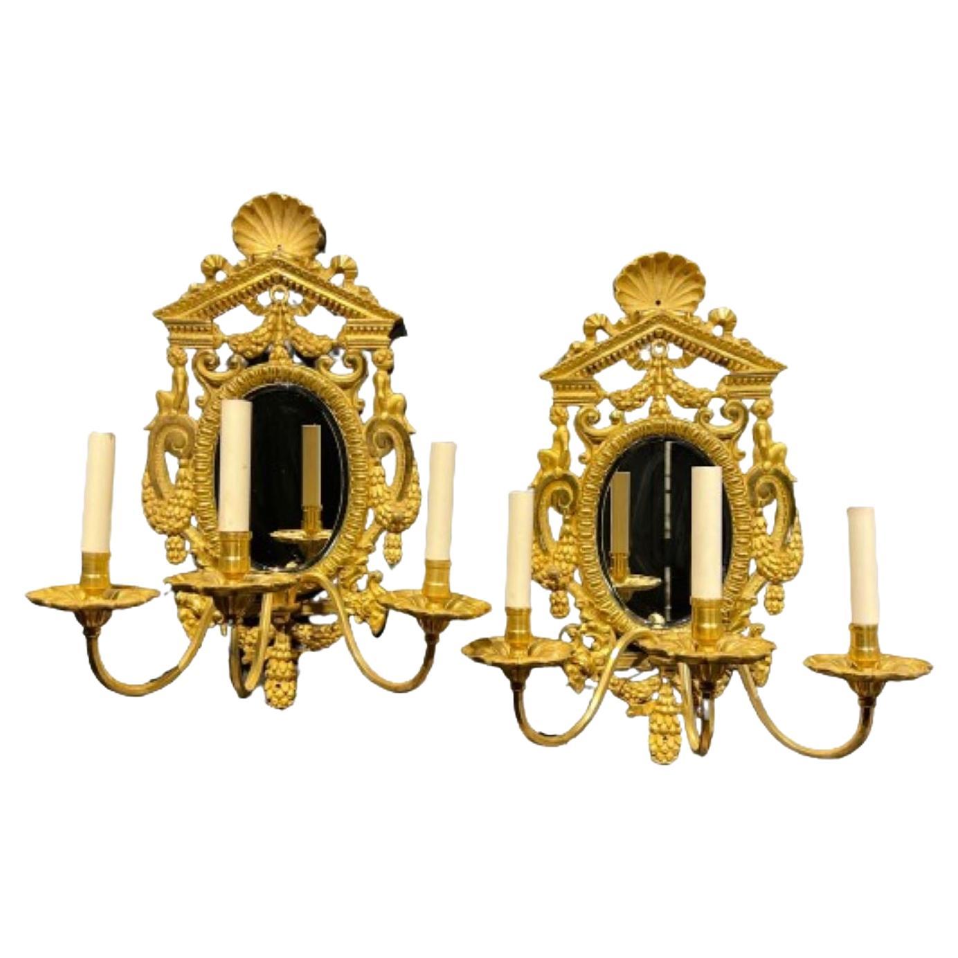 1900's Caldwell Neoclassic Gilt Bronze and Mirror Sconces 3 Lights