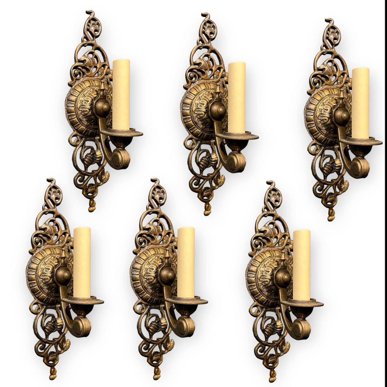 Patinated 1920's Brown Patined Bronze One Light Sconces For Sale