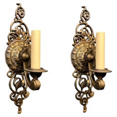 Antique 1920's Brown Patined Bronze One Light Sconces