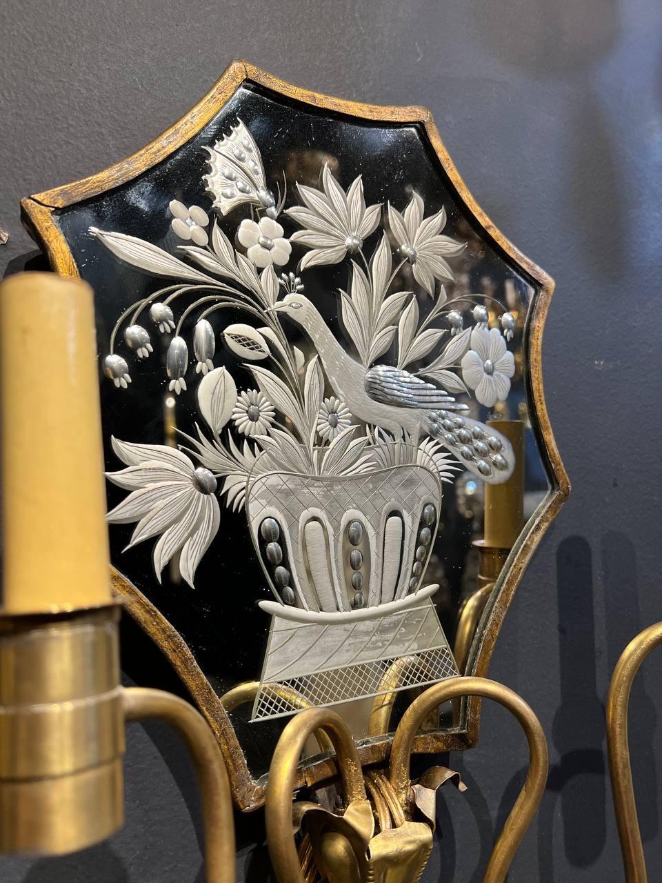American 1920's Caldwell Etched Mirror Sconces For Sale