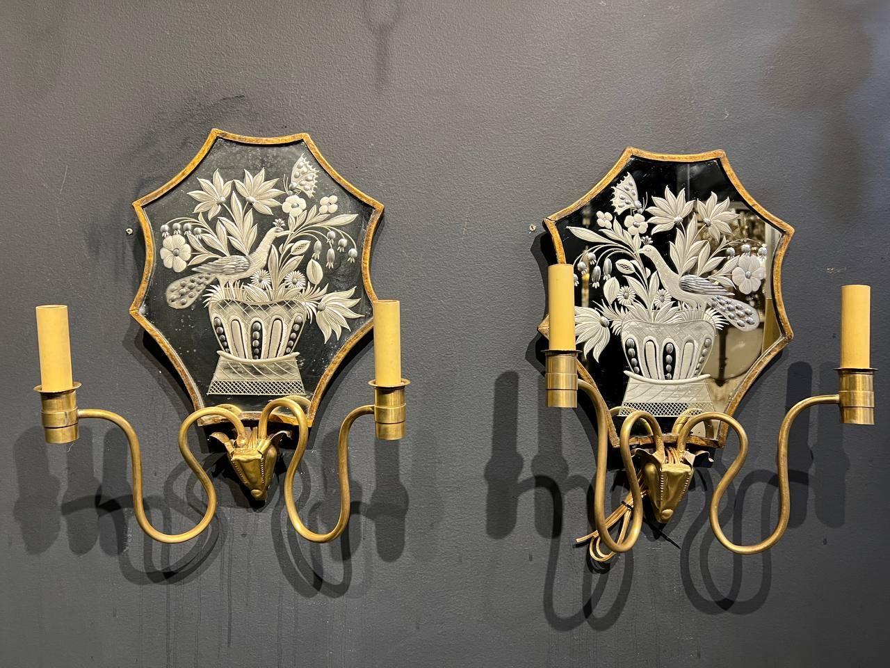 1920's Caldwell Etched Mirror Sconces In Good Condition For Sale In New York, NY